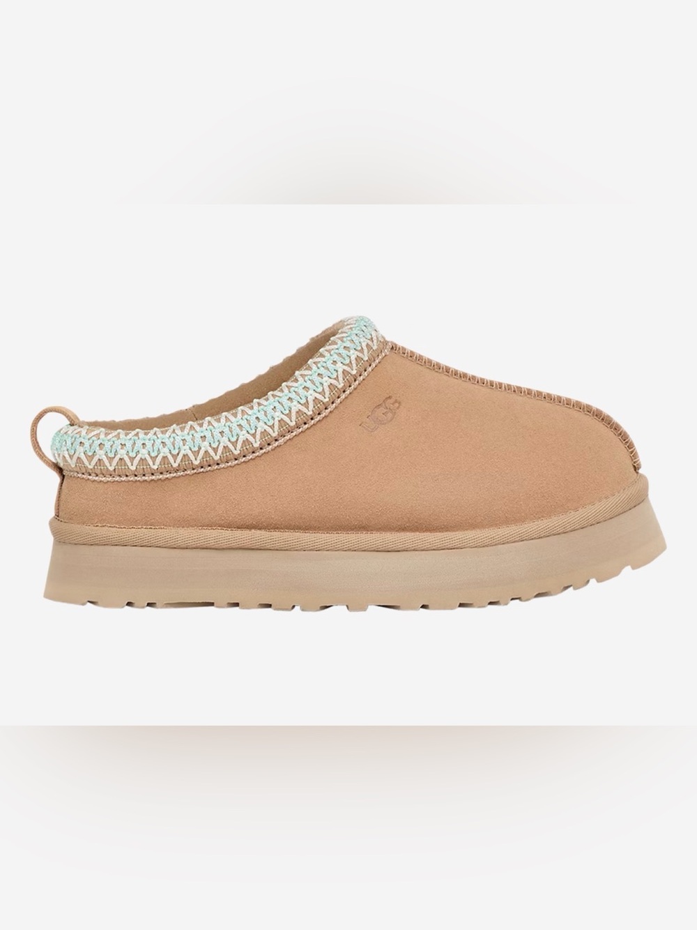 UGG Tazz Platform Chestnut Suede Slip-On Mule with Turquoise Trim